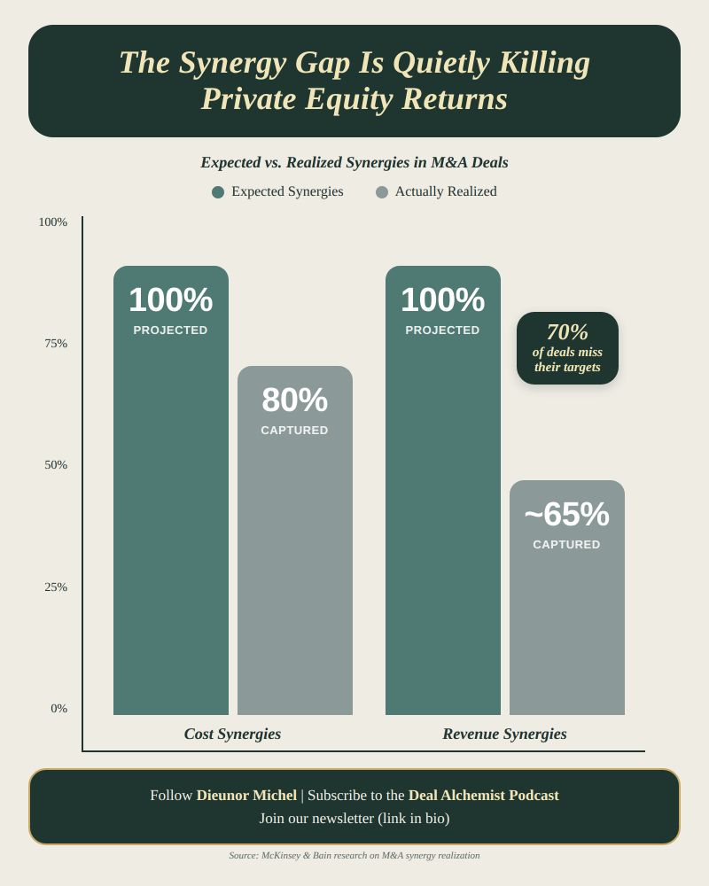 The infographic illustrates how the widening synergy gap is quietly undermining post-acquisition value creation in private equity portfolios.